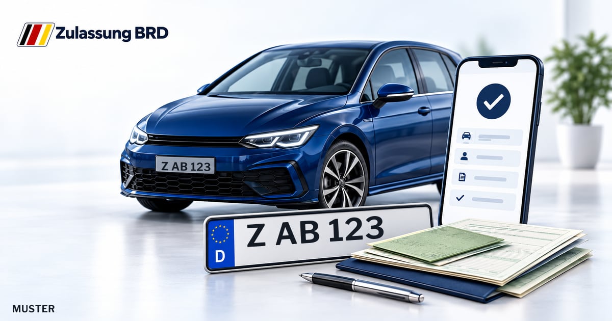 Online Fahrzeugzulassung in Werdau: Musterkennzeichen Z AB 123, Auto und Fahrzeugpapiere und Smartphone. Illustration mit Logo von Zulassung BRD.